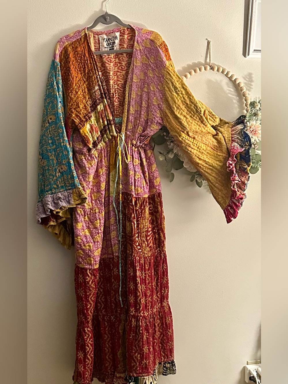 Kantha reversible full-length kimono in Red, Yellow & Pink